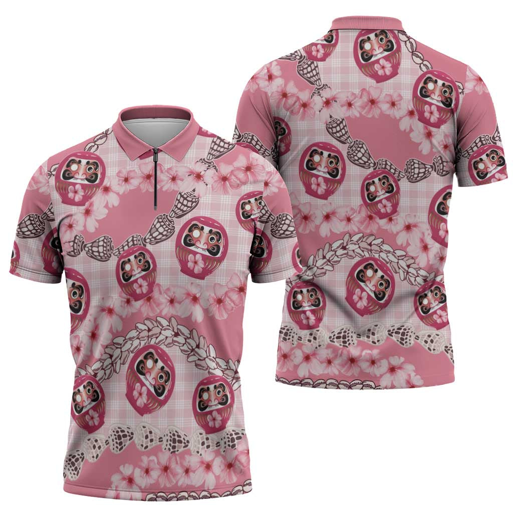Japanese Daruma Doll Palaka Zipper Polo Shirt Cherry Blossoms With Shell Lei - Wonder Print Shop