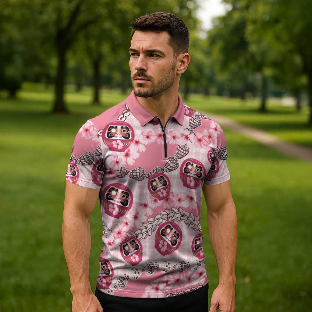 Japanese Daruma Doll Palaka Zipper Polo Shirt Cherry Blossoms With Shell Lei - Wonder Print Shop