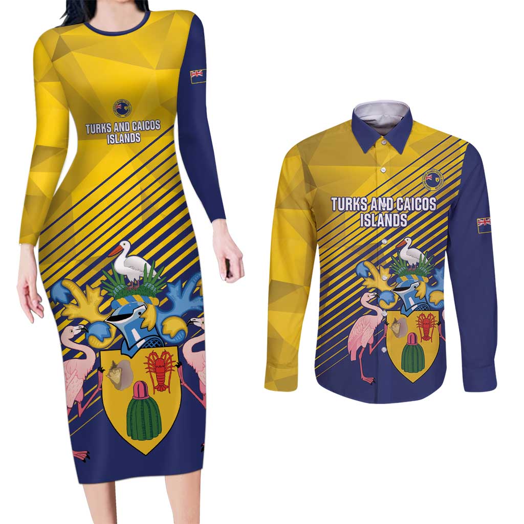 Custom Turks and Caicos Islands Football Couples Matching Long Sleeve Bodycon Dress and Long Sleeve Button Shirt 2025 Go Champions