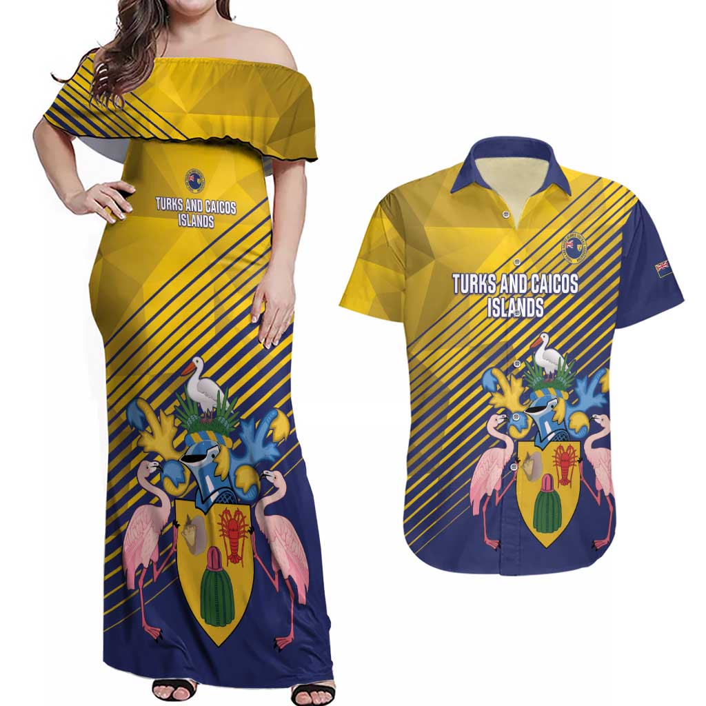 Custom Turks and Caicos Islands Football Couples Matching Off Shoulder Maxi Dress and Hawaiian Shirt 2025 Go Champions