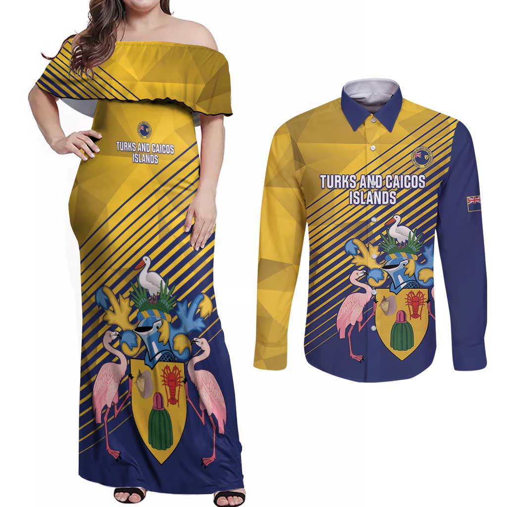 Custom Turks and Caicos Islands Football Couples Matching Off Shoulder Maxi Dress and Long Sleeve Button Shirt 2025 Go Champions