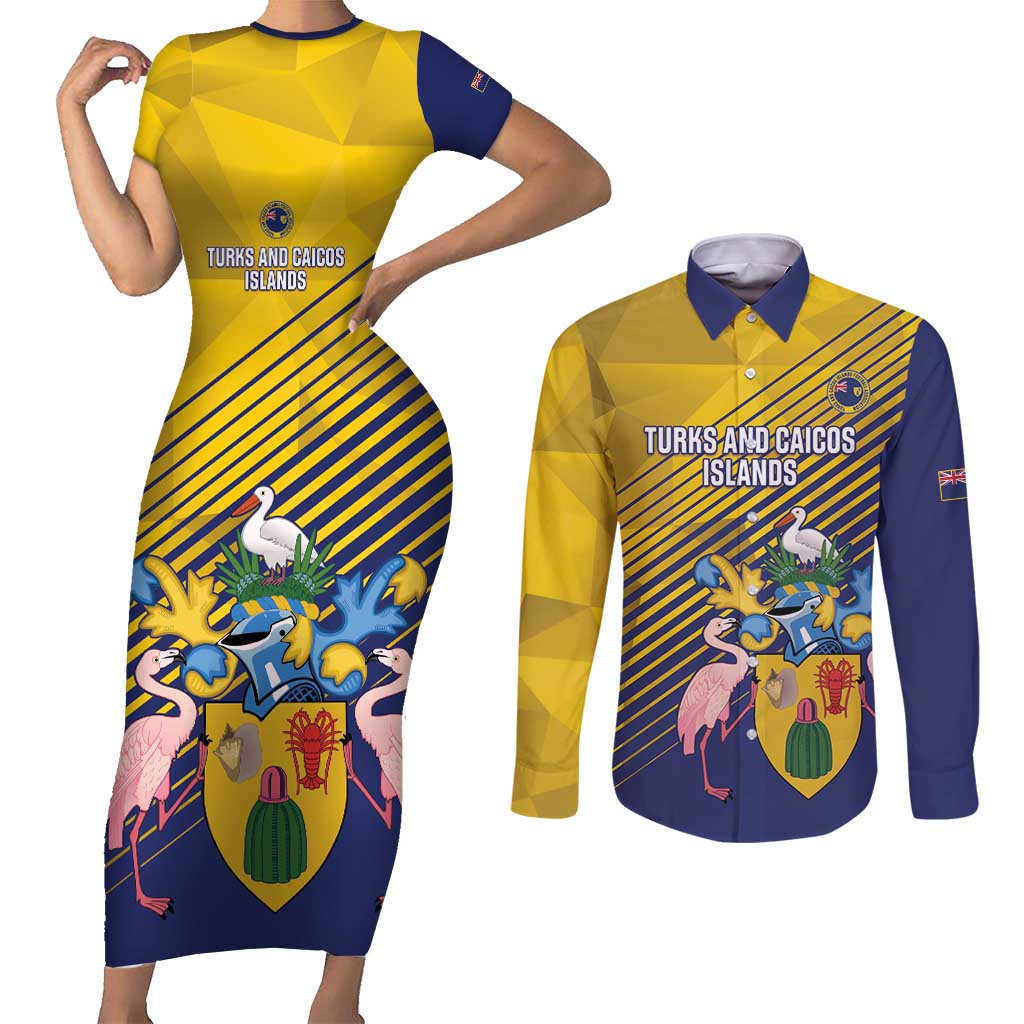 Custom Turks and Caicos Islands Football Couples Matching Short Sleeve Bodycon Dress and Long Sleeve Button Shirt 2025 Go Champions