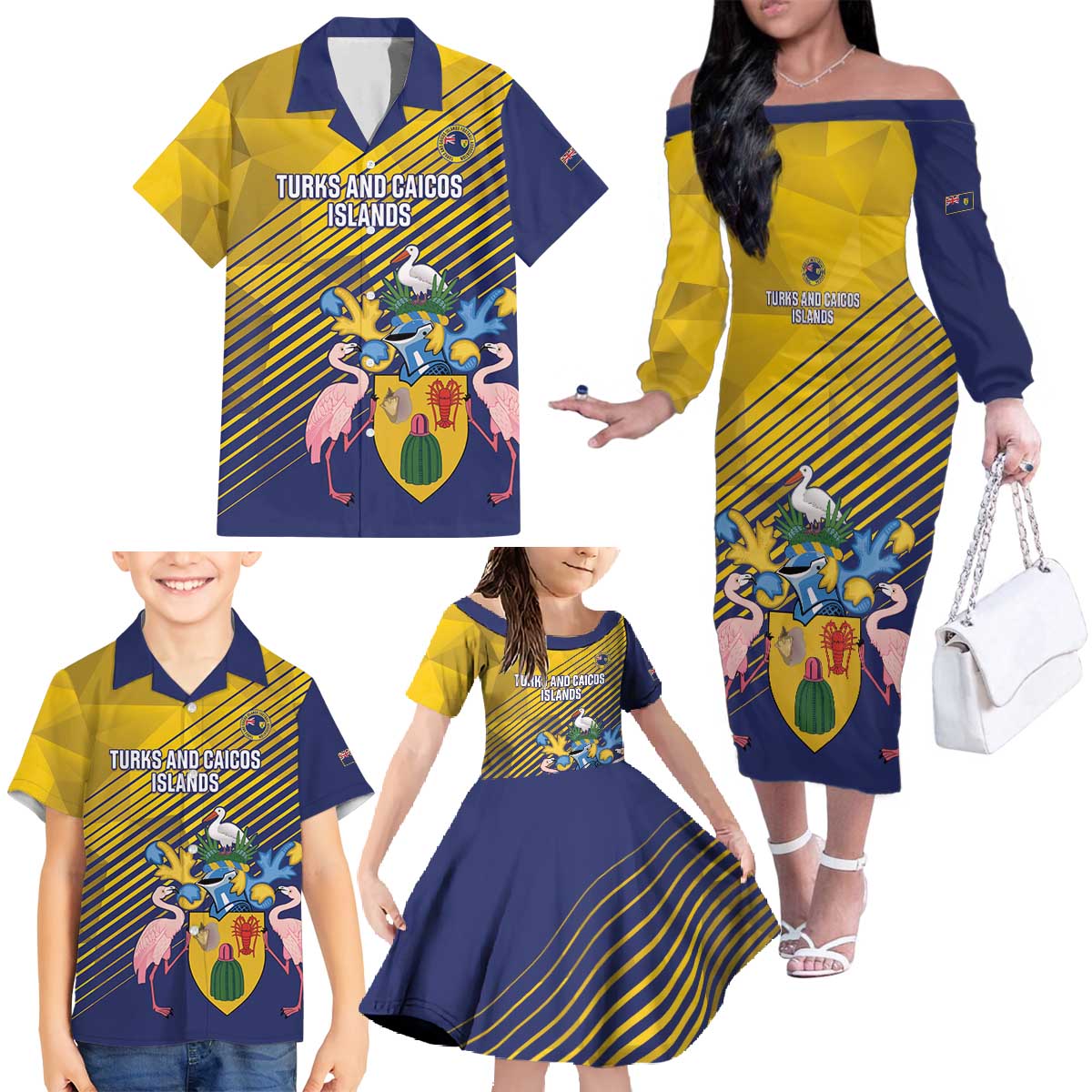 Custom Turks and Caicos Islands Football Family Matching Off The Shoulder Long Sleeve Dress and Hawaiian Shirt 2025 Go Champions