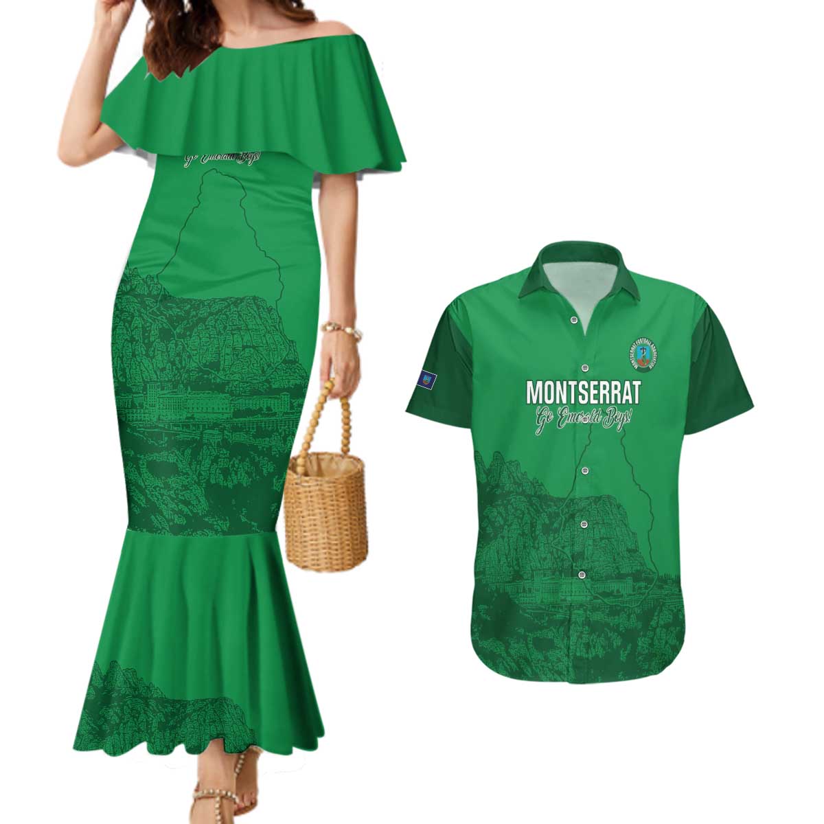 Custom Montserrat Football Couples Matching Mermaid Dress and Hawaiian Shirt 2025 Go Emerald Boys