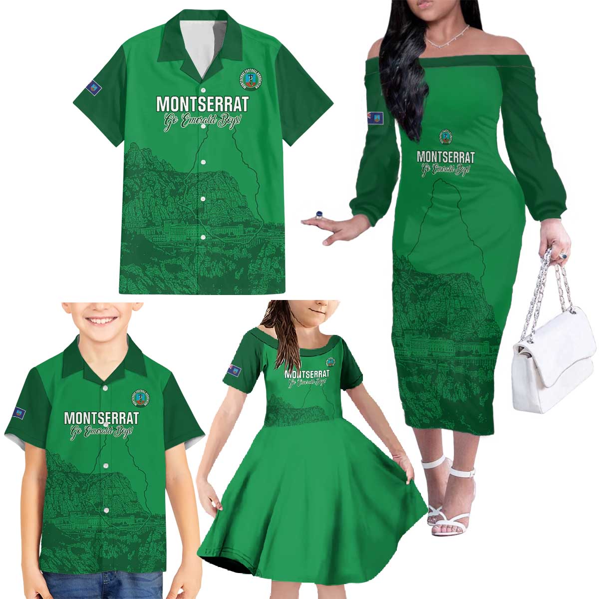 Custom Montserrat Football Family Matching Off The Shoulder Long Sleeve Dress and Hawaiian Shirt 2025 Go Emerald Boys