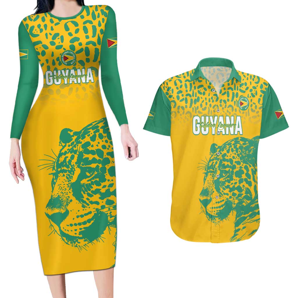 Custom Guyana Football Couples Matching Long Sleeve Bodycon Dress and Hawaiian Shirt 2025 Go Golden Jaguars