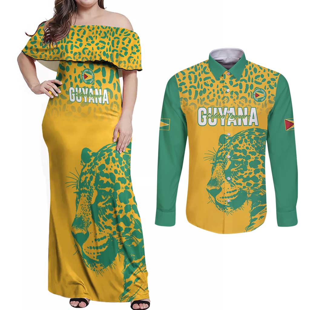 Custom Guyana Football Couples Matching Off Shoulder Maxi Dress and Long Sleeve Button Shirt 2025 Go Golden Jaguars