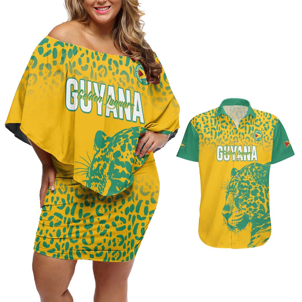 Custom Guyana Football Couples Matching Off Shoulder Short Dress and Hawaiian Shirt 2025 Go Golden Jaguars