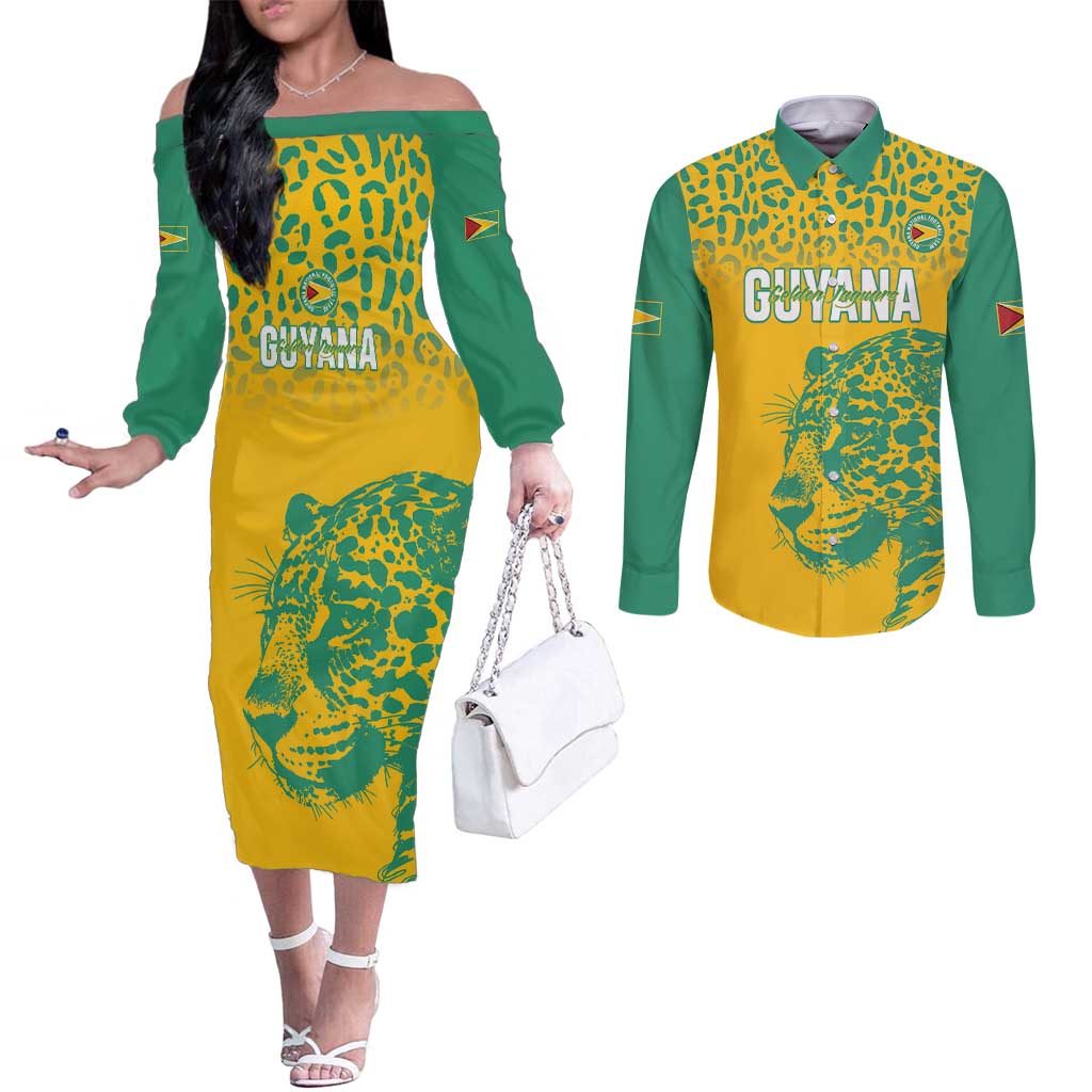 Custom Guyana Football Couples Matching Off The Shoulder Long Sleeve Dress and Long Sleeve Button Shirt 2025 Go Golden Jaguars
