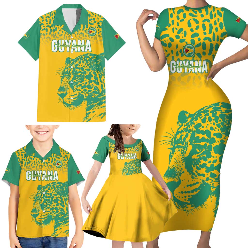 Custom Guyana Football Family Matching Short Sleeve Bodycon Dress and Hawaiian Shirt 2025 Go Golden Jaguars