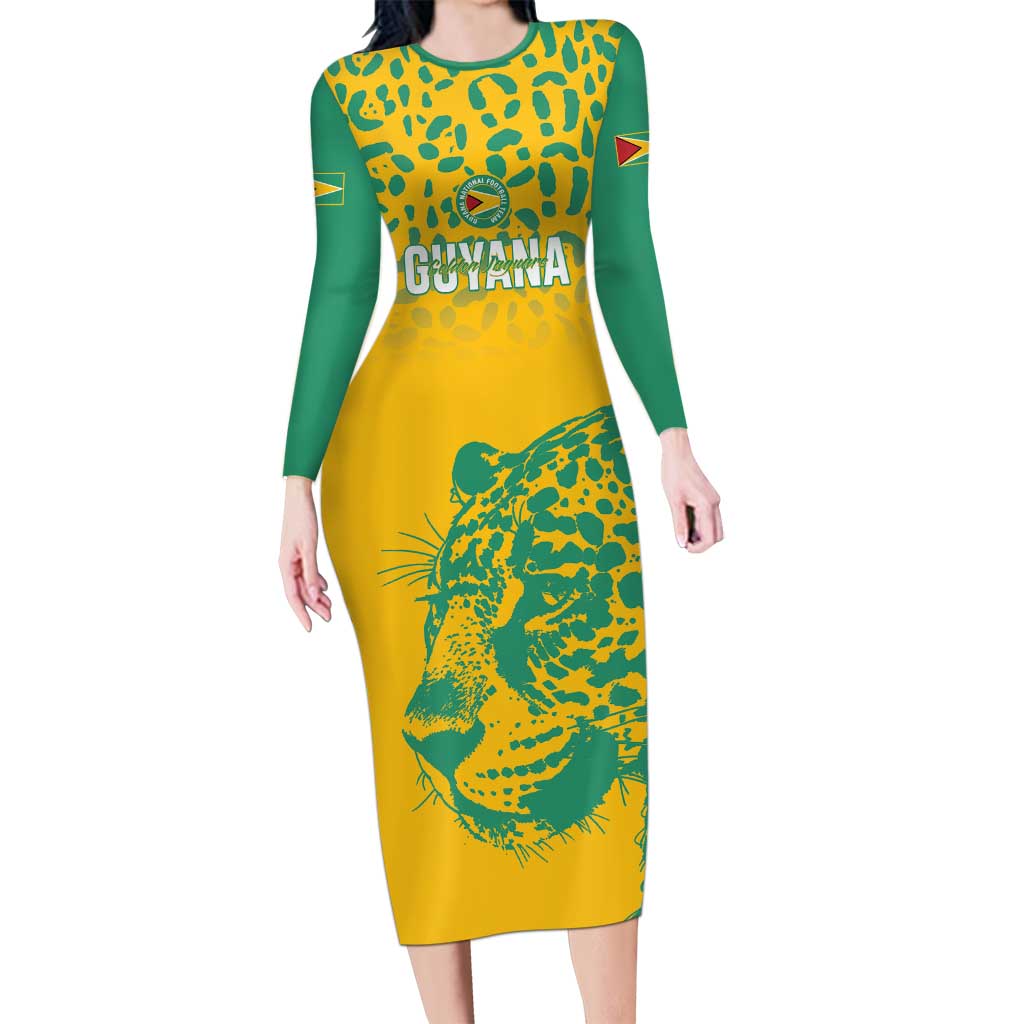 Custom Guyana Football Long Sleeve Bodycon Dress 2025 Go Golden Jaguars