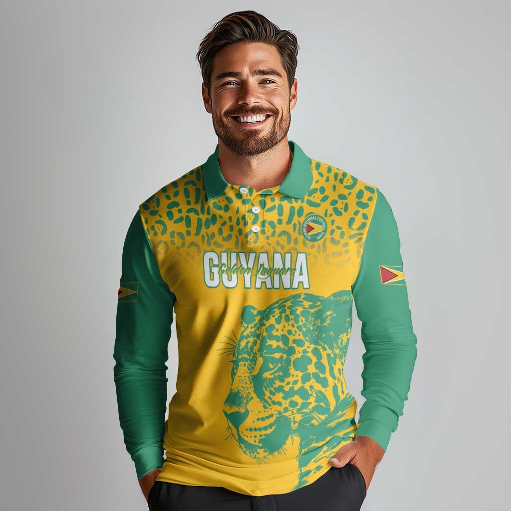 Custom Guyana Football Long Sleeve Polo Shirt 2025 Go Golden Jaguars