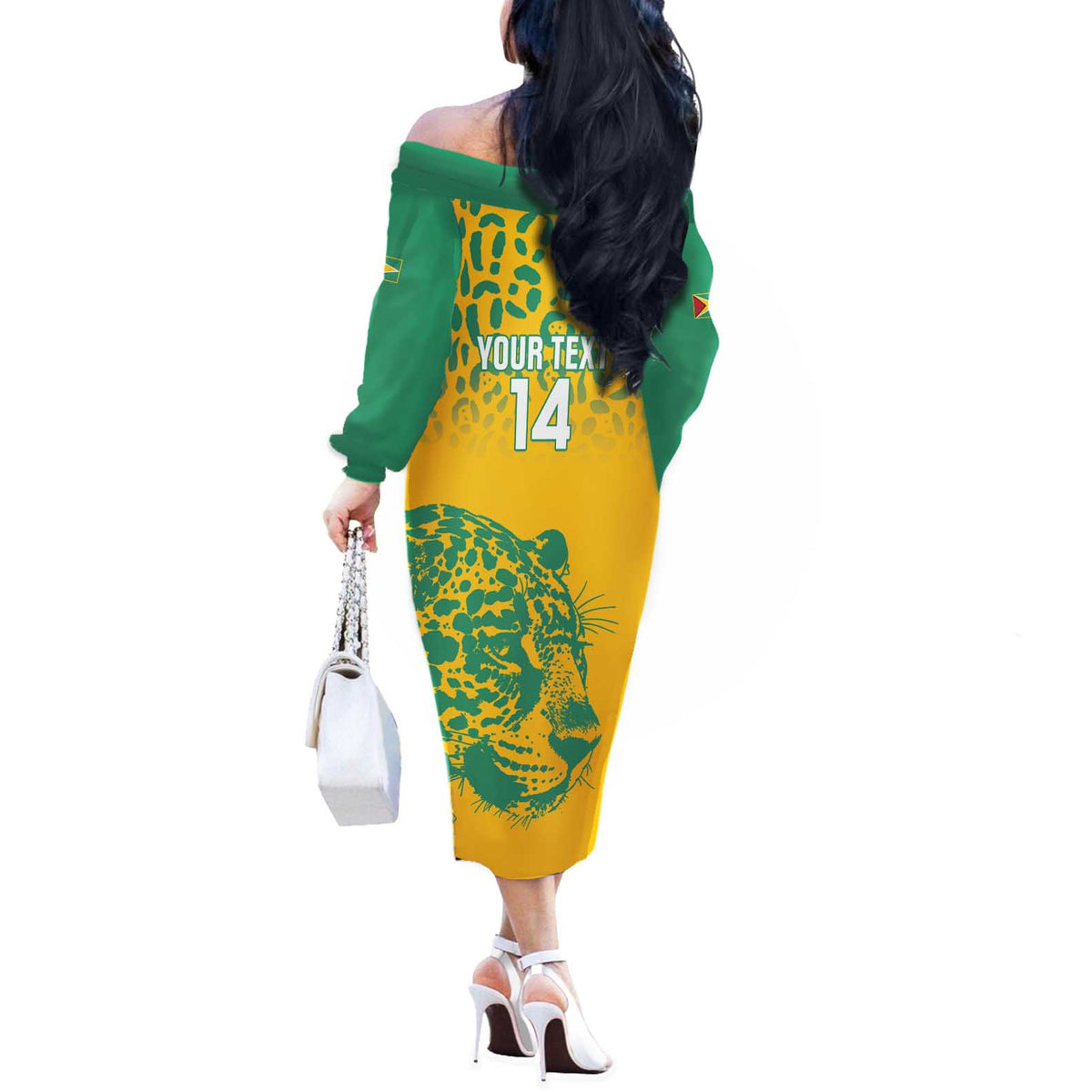 Custom Guyana Football Off The Shoulder Long Sleeve Dress 2025 Go Golden Jaguars