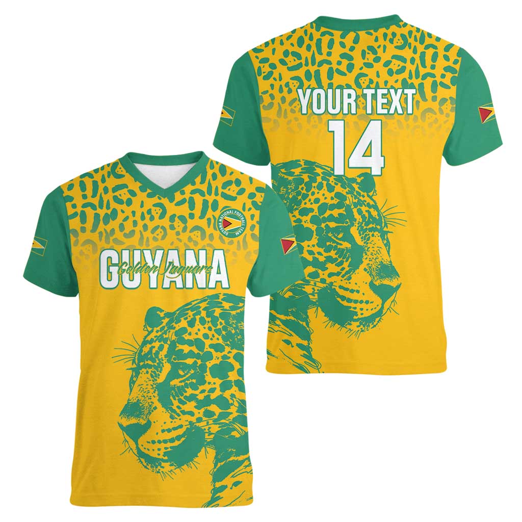 Custom Guyana Football Women V-Neck T-Shirt 2025 Go Golden Jaguars