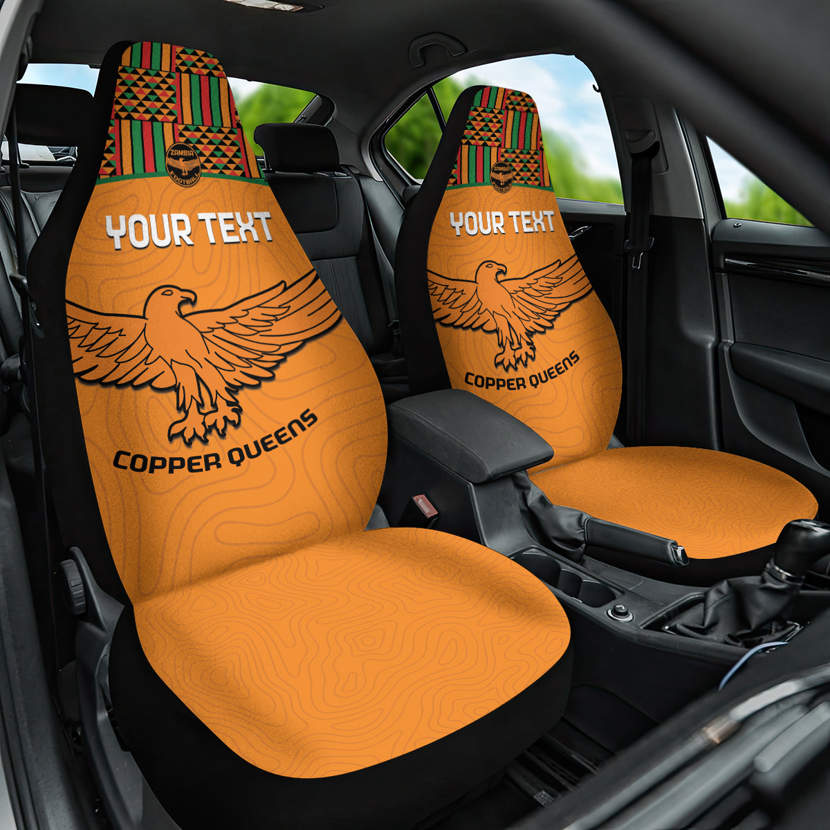 Custom Zambia Football Car Seat Cover Copper Queens Kente Pattern - Wonder Print Shop