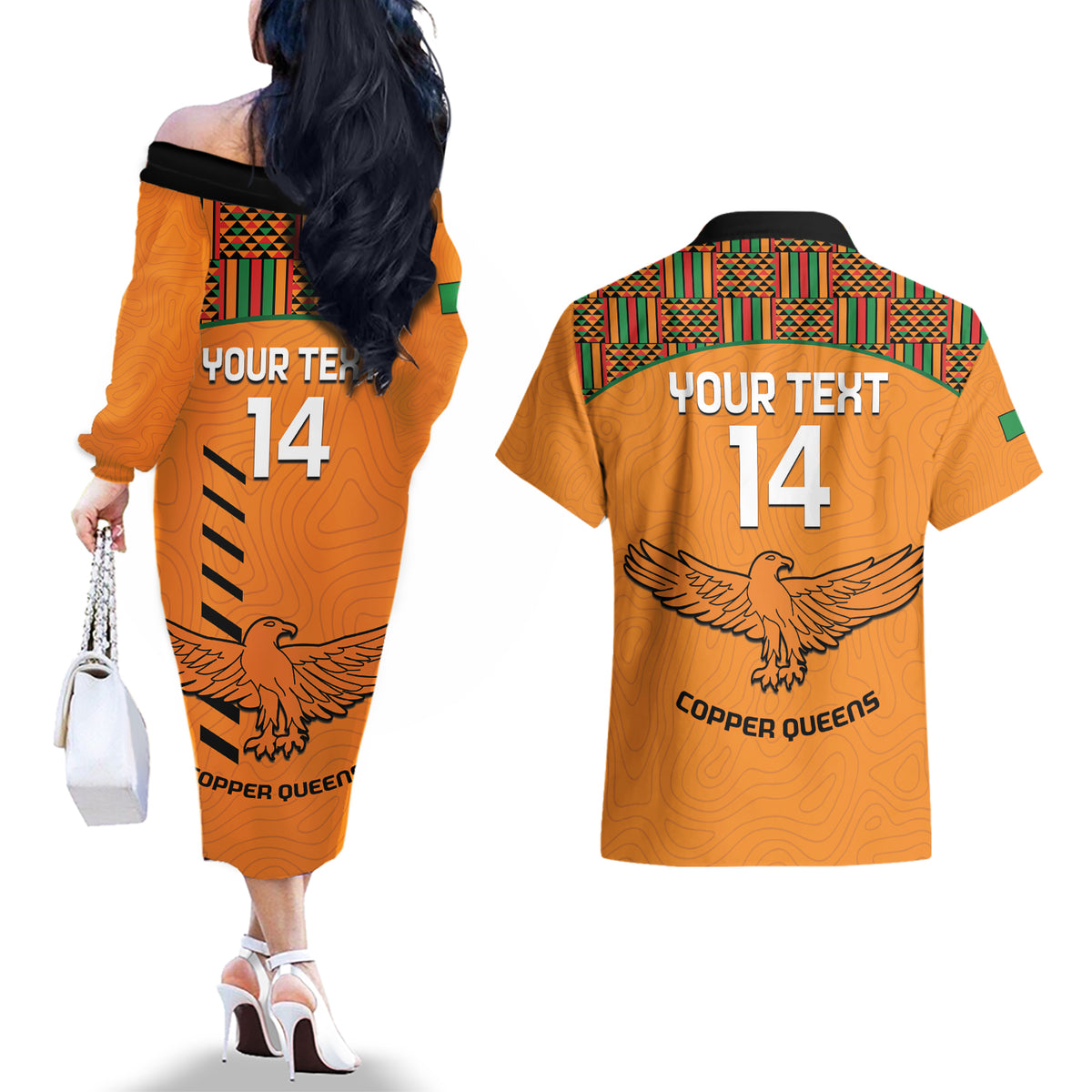 Custom Zambia Football Couples Matching Off The Shoulder Long Sleeve Dress and Hawaiian Shirt Copper Queens Kente Pattern - Wonder Print Shop