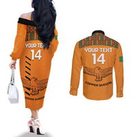 Custom Zambia Football Couples Matching Off The Shoulder Long Sleeve Dress and Long Sleeve Button Shirt Copper Queens Kente Pattern