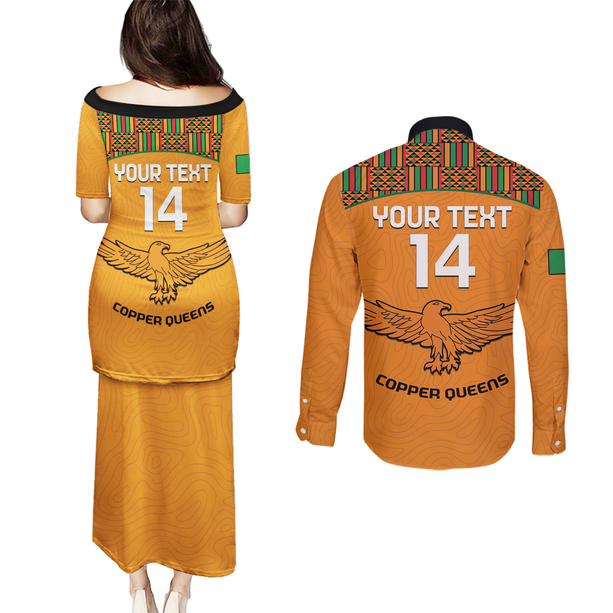 Custom Zambia Football Couples Matching Puletasi and Long Sleeve Button Shirt Copper Queens Kente Pattern - Wonder Print Shop