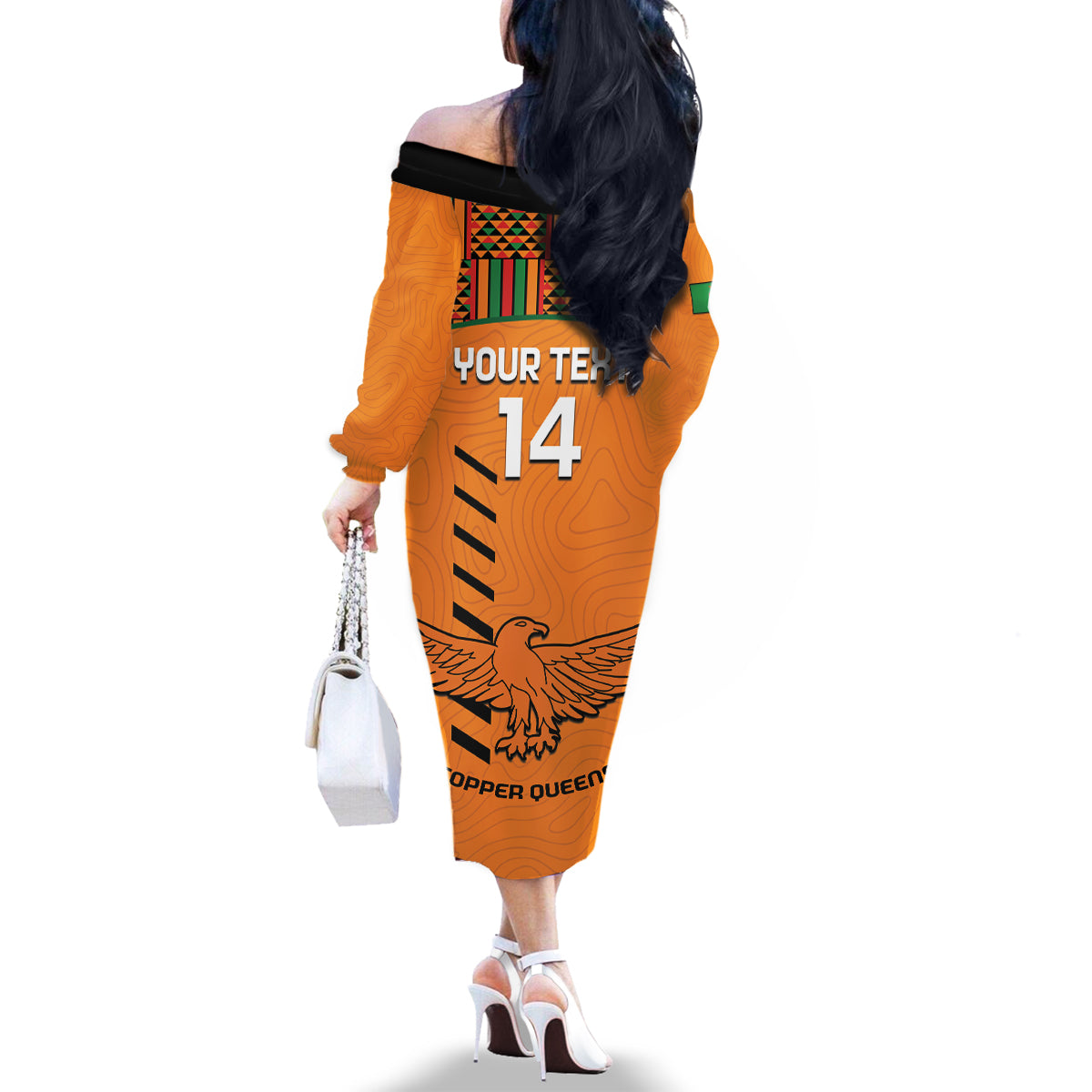 Custom Zambia Football Family Matching Off The Shoulder Long Sleeve Dress and Hawaiian Shirt Copper Queens Kente Pattern - Wonder Print Shop