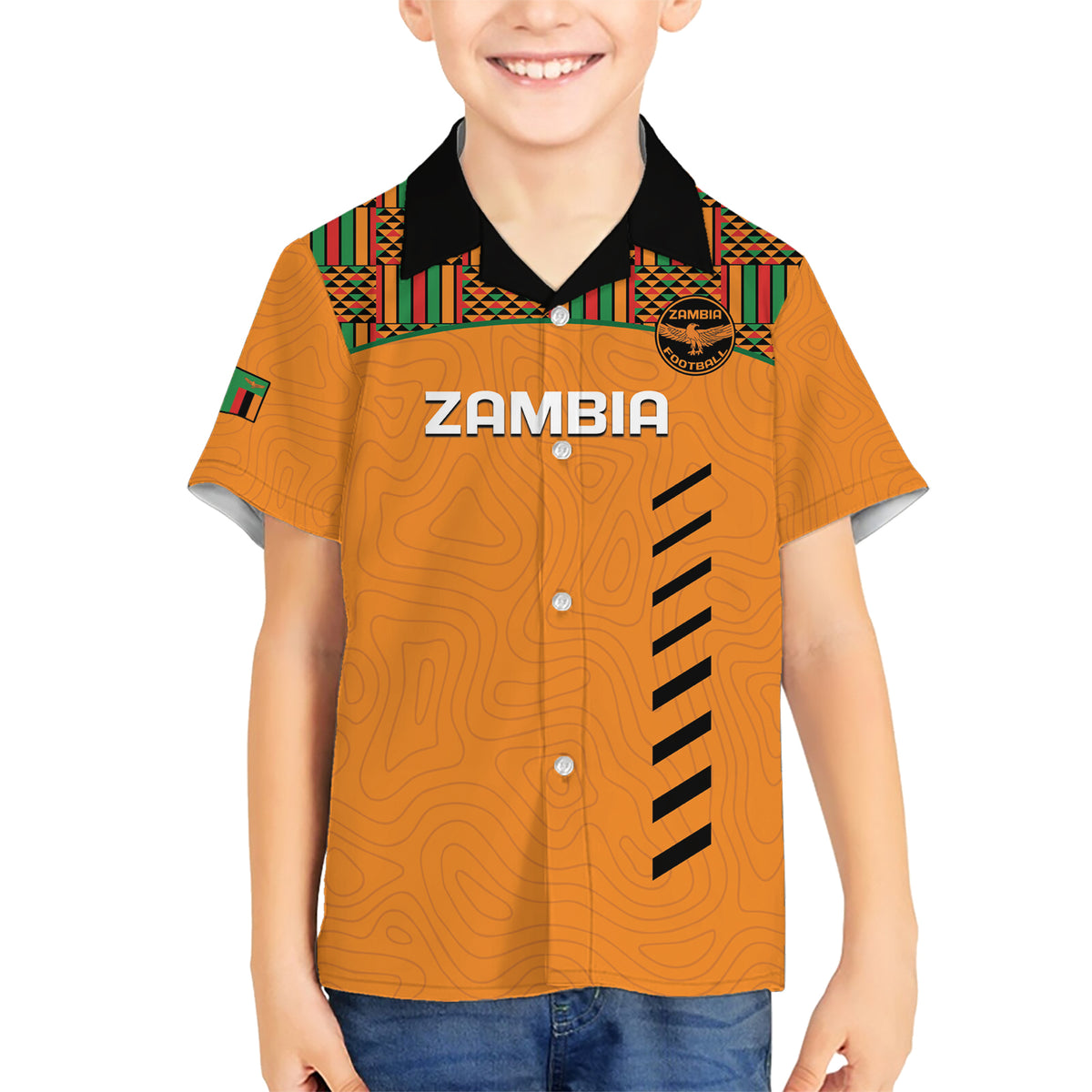 Custom Zambia Football Family Matching Short Sleeve Bodycon Dress and Hawaiian Shirt Copper Queens Kente Pattern - Wonder Print Shop