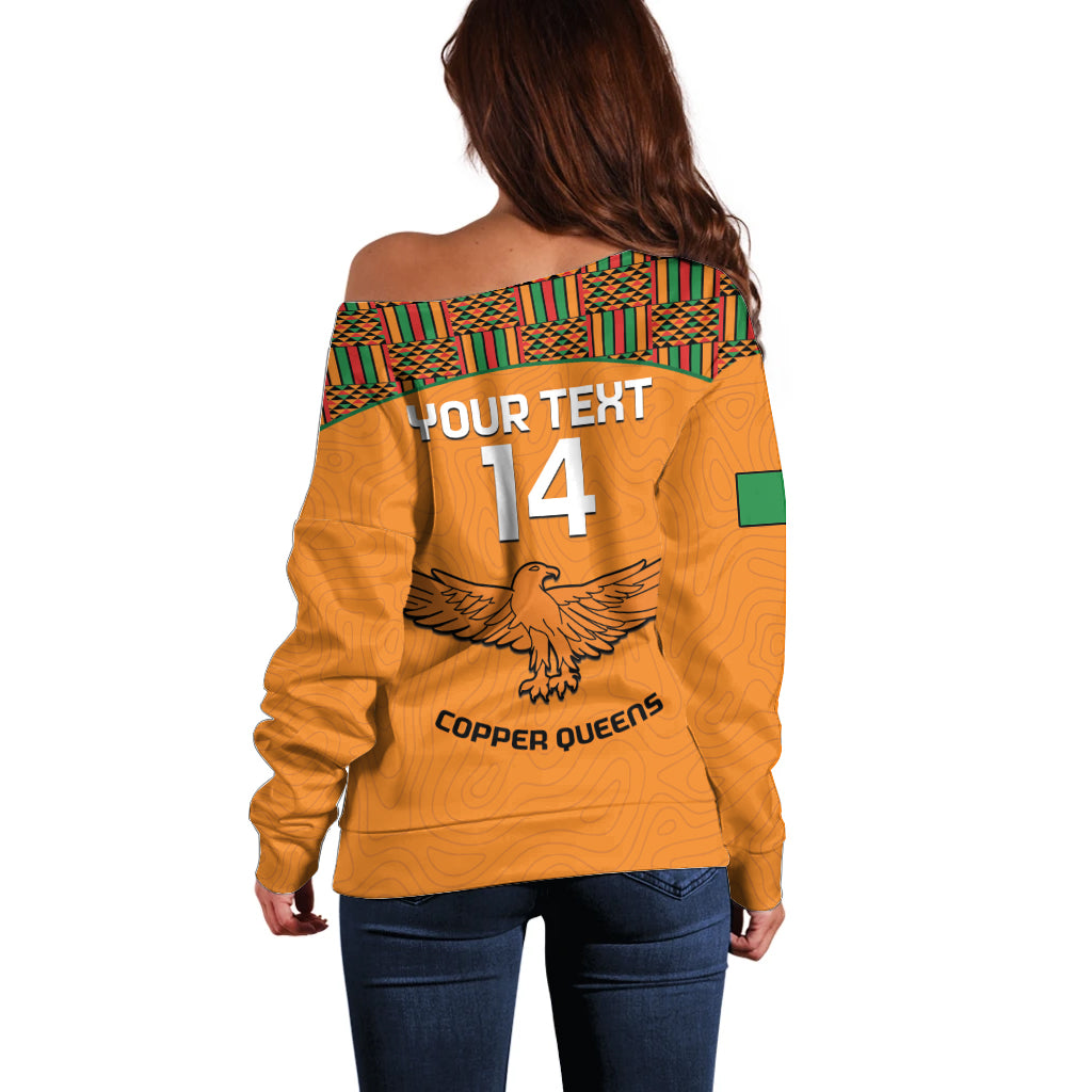 Custom Zambia Football Off Shoulder Sweater Copper Queens Kente Pattern - Wonder Print Shop