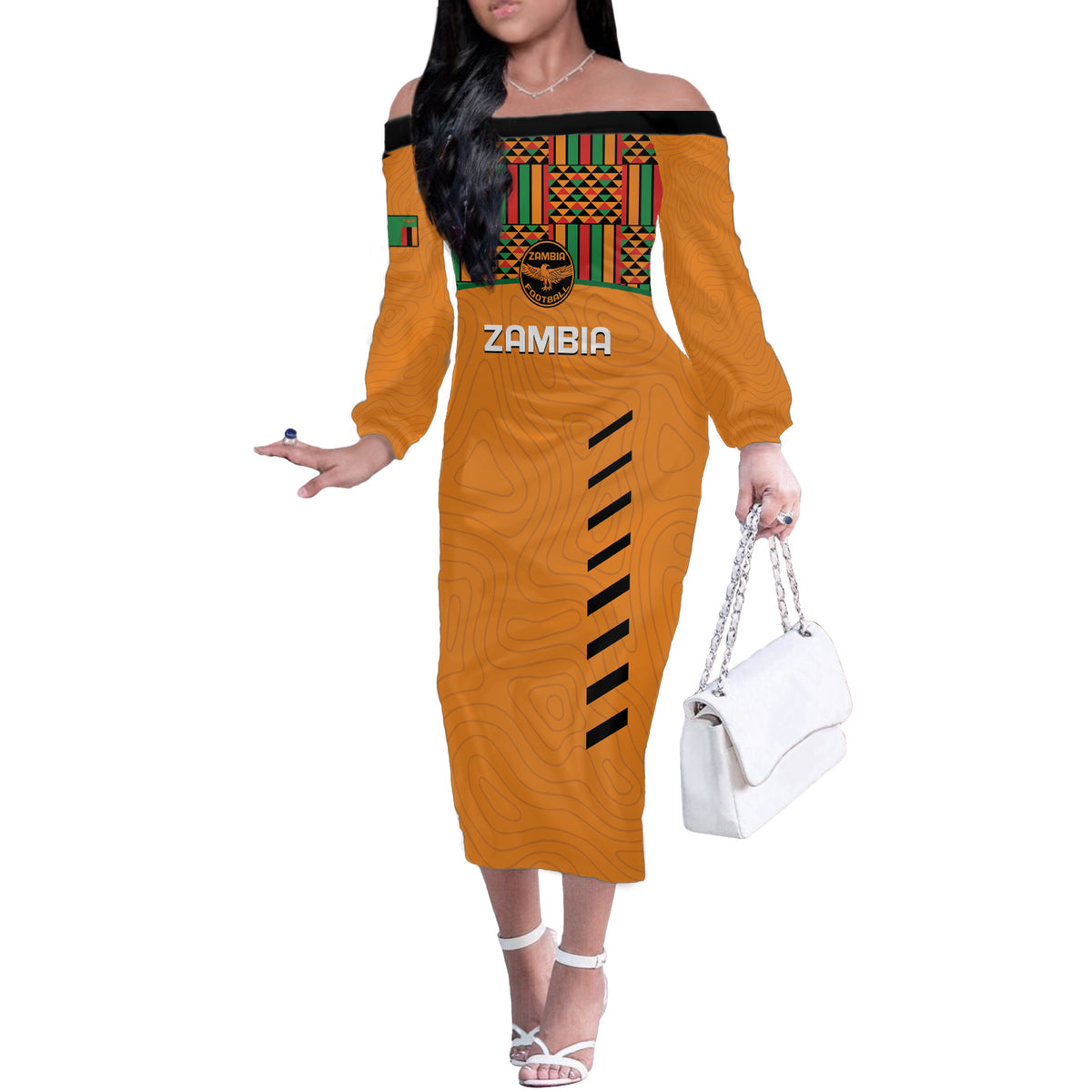 Custom Zambia Football Off The Shoulder Long Sleeve Dress Copper Queens Kente Pattern - Wonder Print Shop