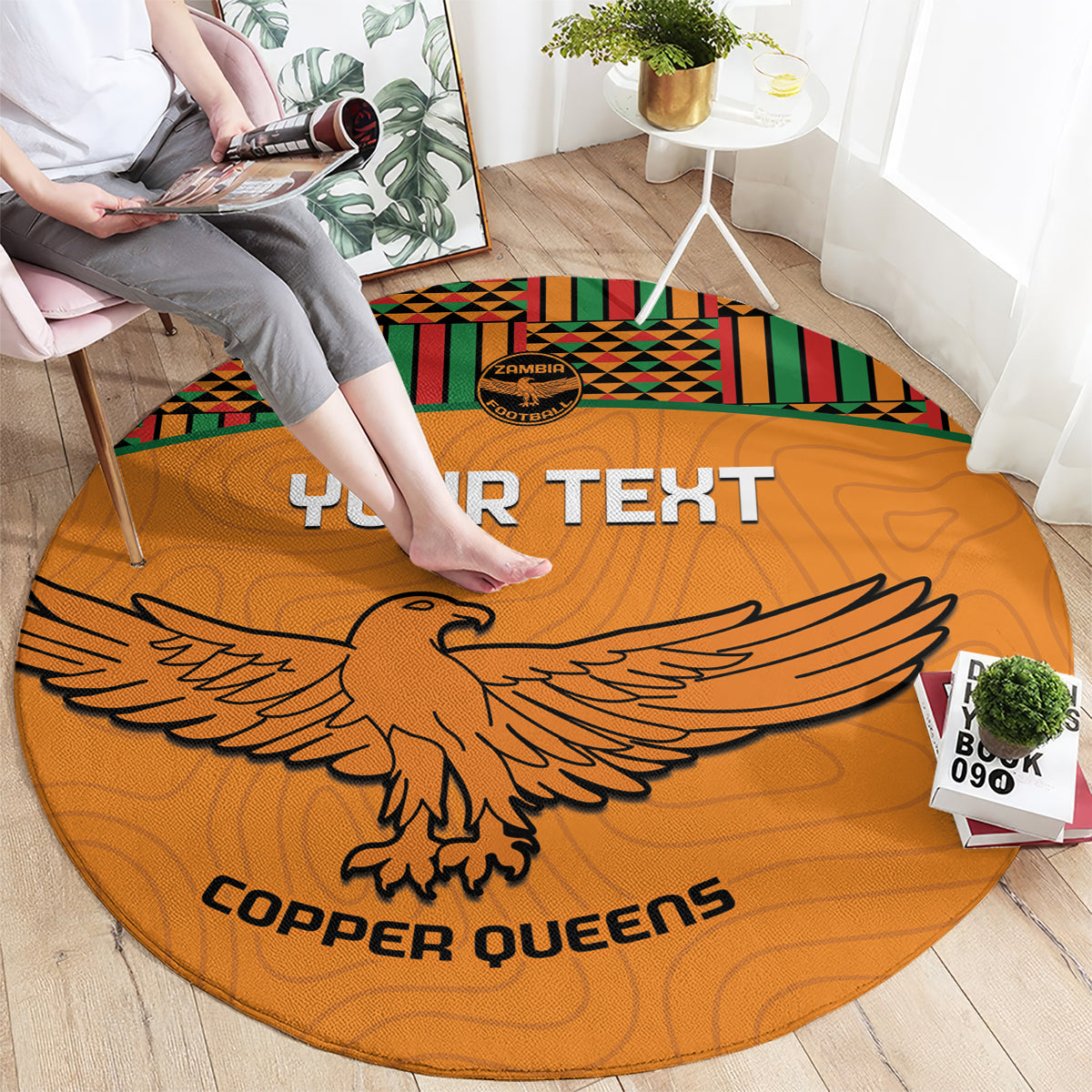 Custom Zambia Football Round Carpet Copper Queens Kente Pattern