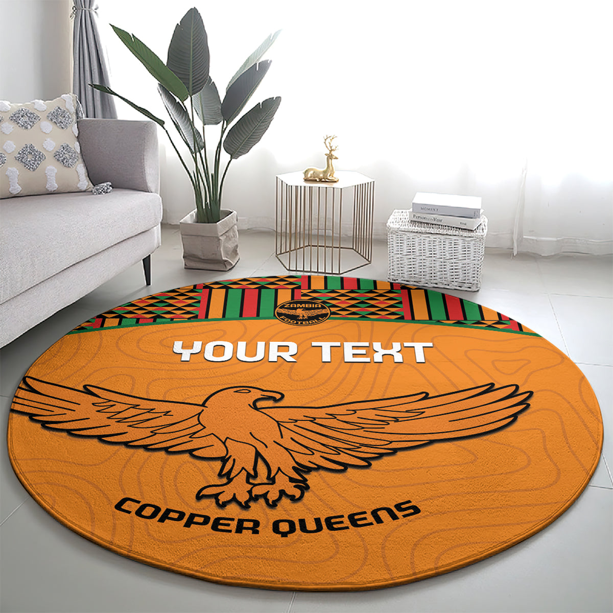 Custom Zambia Football Round Carpet Copper Queens Kente Pattern