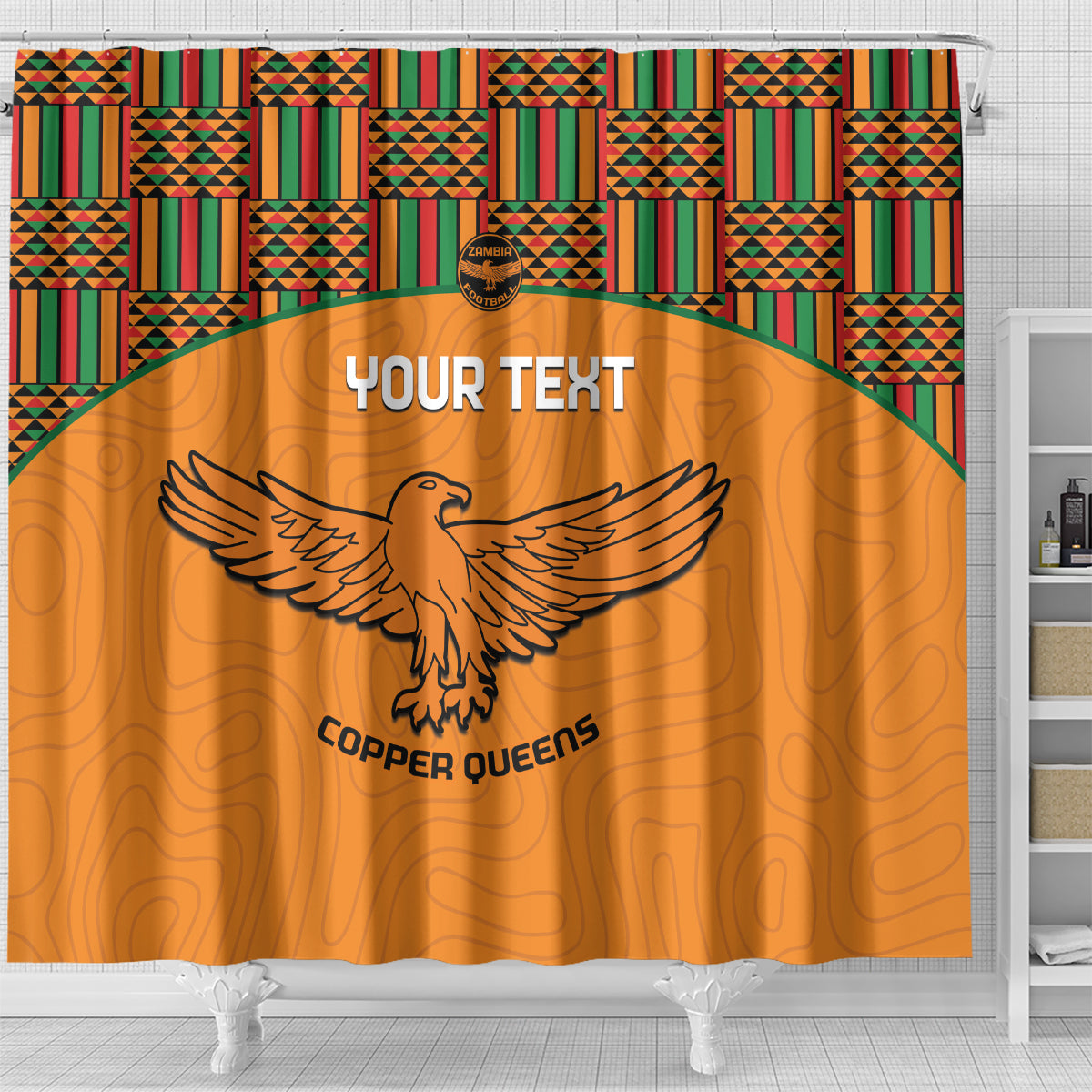 Custom Zambia Football Shower Curtain Copper Queens Kente Pattern