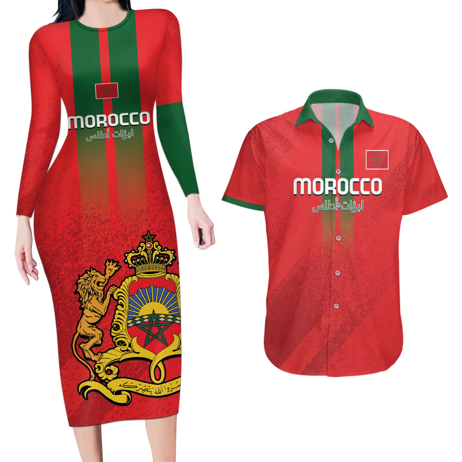 Custom Morocco Football Couples Matching Long Sleeve Bodycon Dress and Hawaiian Shirt Go Lionesses of Atlas - Wonder Print Shop