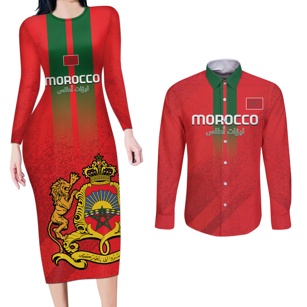 Custom Morocco Football Couples Matching Long Sleeve Bodycon Dress and Long Sleeve Button Shirt Go Lionesses of Atlas - Wonder Print Shop