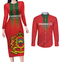 Custom Morocco Football Couples Matching Long Sleeve Bodycon Dress and Long Sleeve Button Shirt Go Lionesses of Atlas - Wonder Print Shop