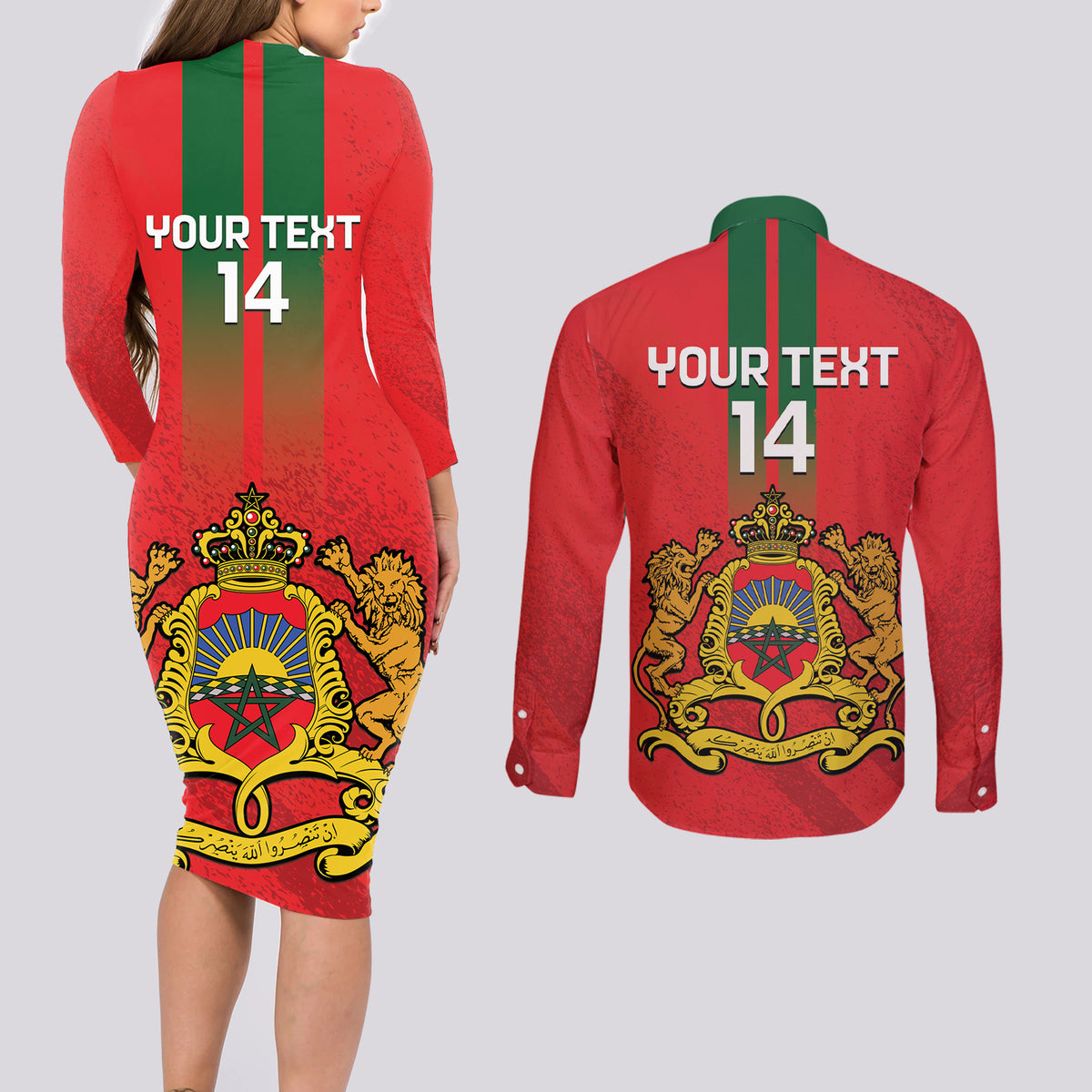 Custom Morocco Football Couples Matching Long Sleeve Bodycon Dress and Long Sleeve Button Shirt Go Lionesses of Atlas - Wonder Print Shop