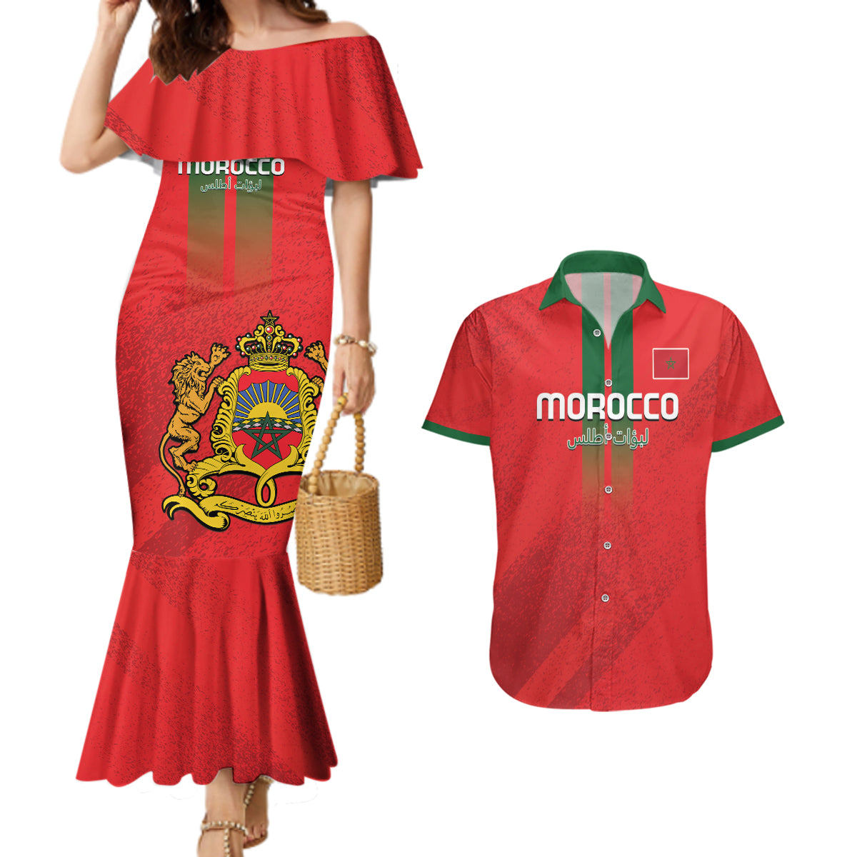 Custom Morocco Football Couples Matching Mermaid Dress and Hawaiian Shirt Go Lionesses of Atlas - Wonder Print Shop