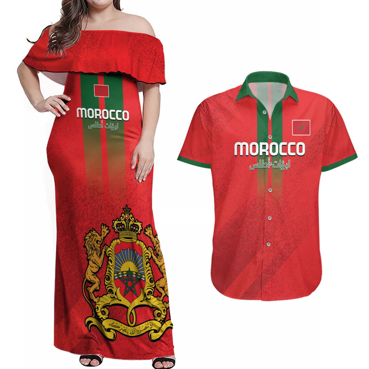 Custom Morocco Football Couples Matching Off Shoulder Maxi Dress and Hawaiian Shirt Go Lionesses of Atlas - Wonder Print Shop