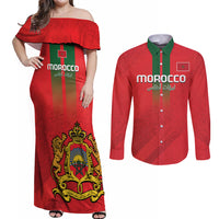Custom Morocco Football Couples Matching Off Shoulder Maxi Dress and Long Sleeve Button Shirt Go Lionesses of Atlas - Wonder Print Shop