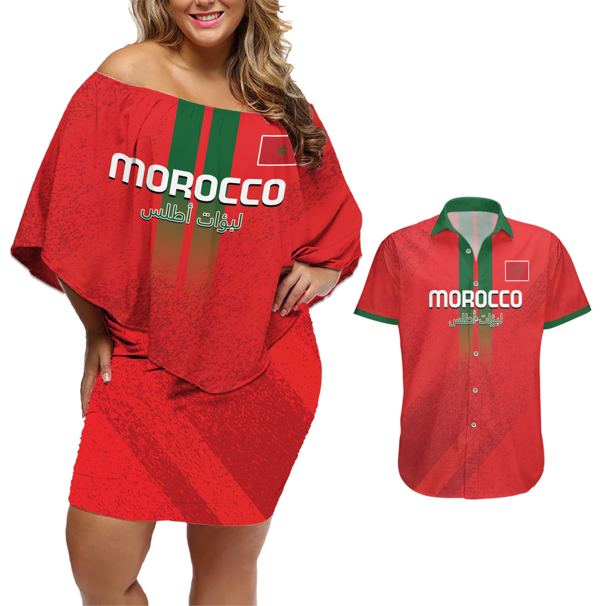 Custom Morocco Football Couples Matching Off Shoulder Short Dress and Hawaiian Shirt Go Lionesses of Atlas - Wonder Print Shop
