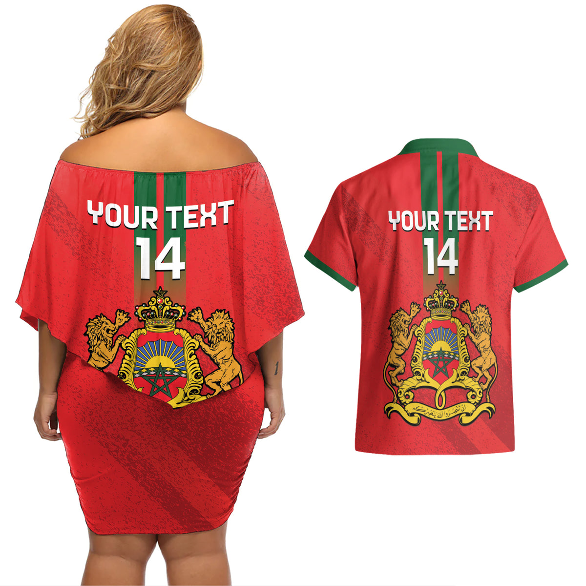 Custom Morocco Football Couples Matching Off Shoulder Short Dress and Hawaiian Shirt Go Lionesses of Atlas - Wonder Print Shop