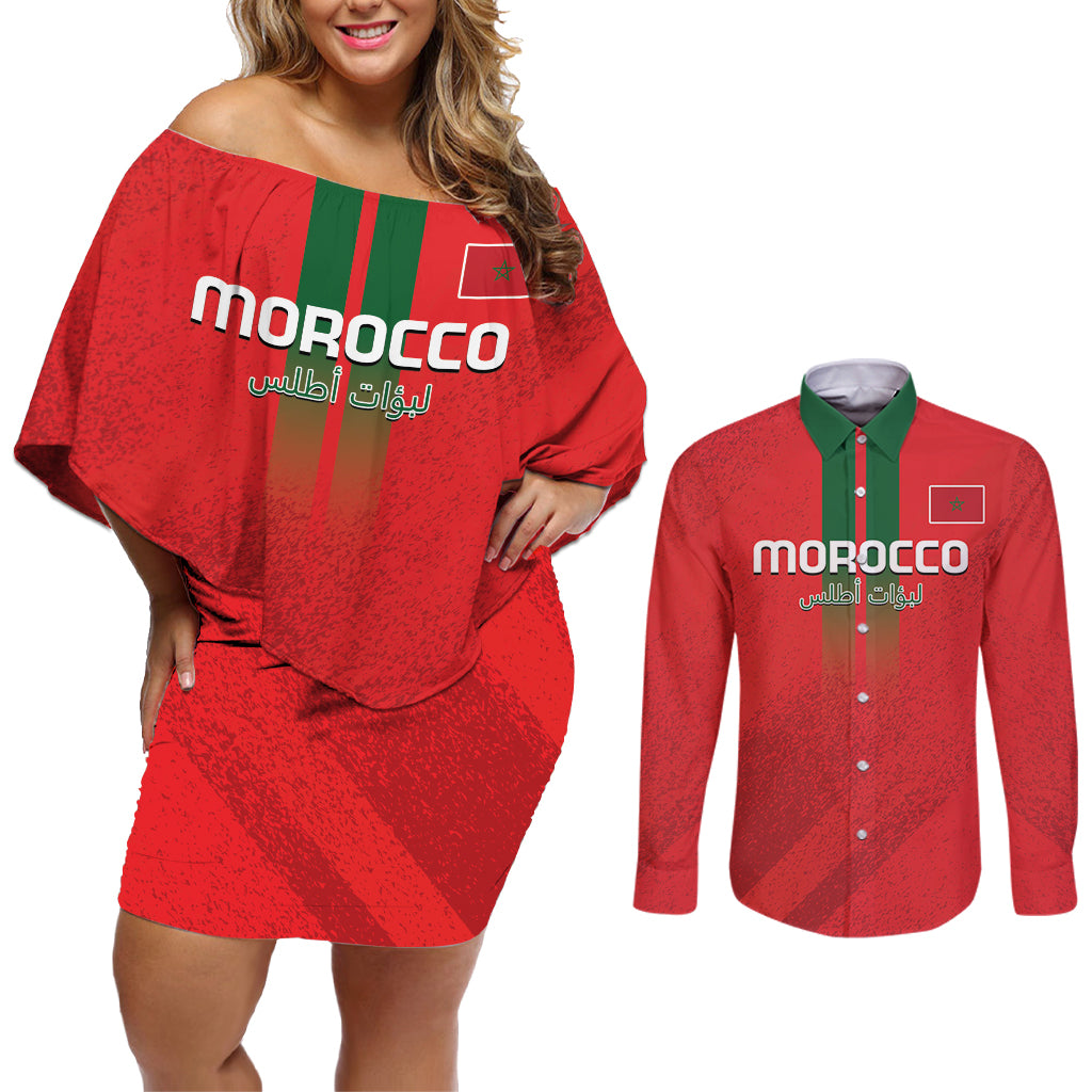Custom Morocco Football Couples Matching Off Shoulder Short Dress and Long Sleeve Button Shirt Go Lionesses of Atlas - Wonder Print Shop