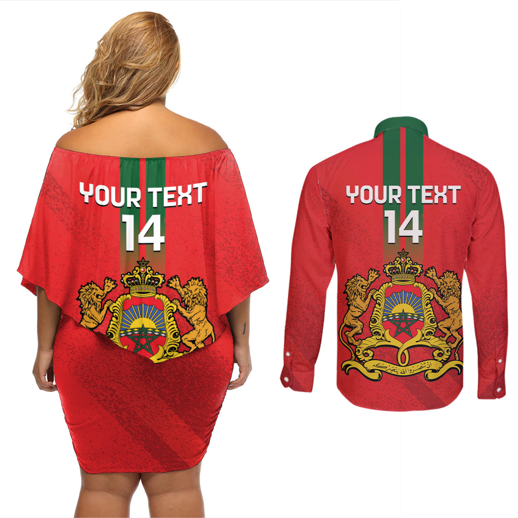 Custom Morocco Football Couples Matching Off Shoulder Short Dress and Long Sleeve Button Shirt Go Lionesses of Atlas - Wonder Print Shop