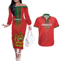 Custom Morocco Football Couples Matching Off The Shoulder Long Sleeve Dress and Hawaiian Shirt Go Lionesses of Atlas - Wonder Print Shop