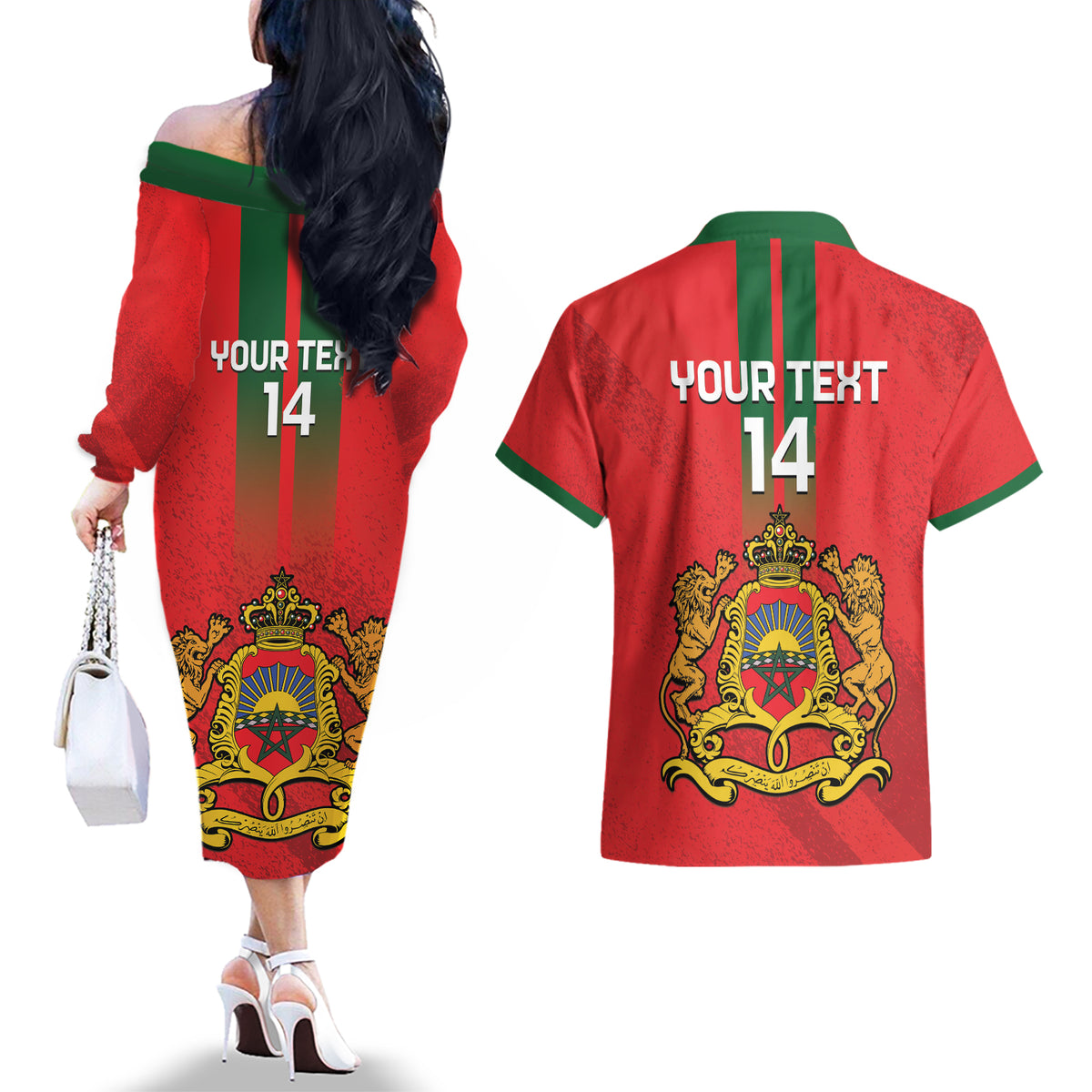Custom Morocco Football Couples Matching Off The Shoulder Long Sleeve Dress and Hawaiian Shirt Go Lionesses of Atlas - Wonder Print Shop