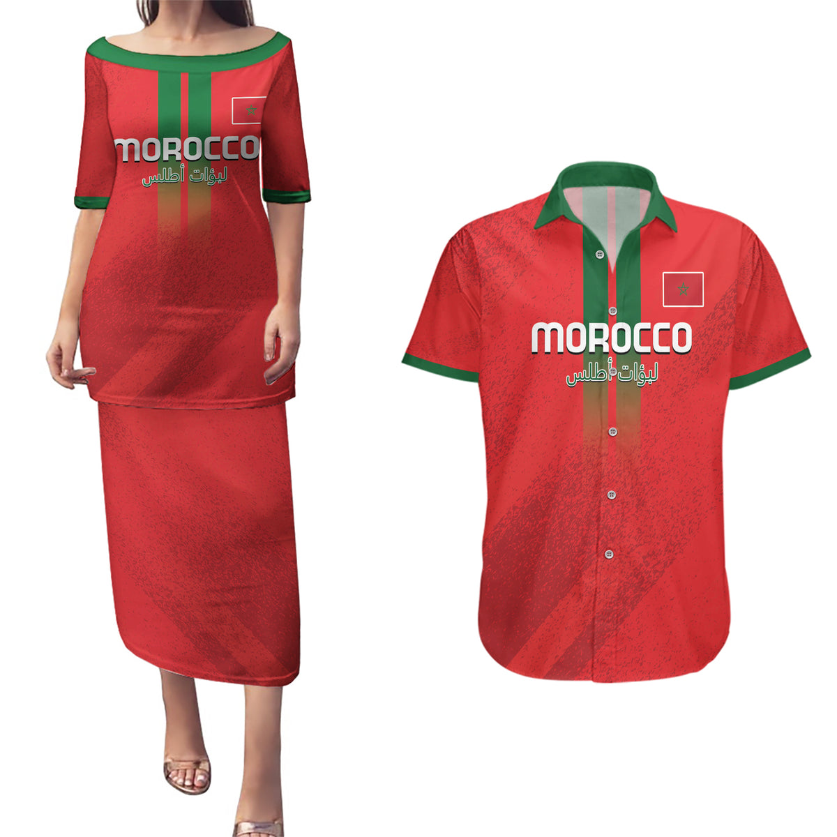 Custom Morocco Football Couples Matching Puletasi and Hawaiian Shirt Go Lionesses of Atlas - Wonder Print Shop