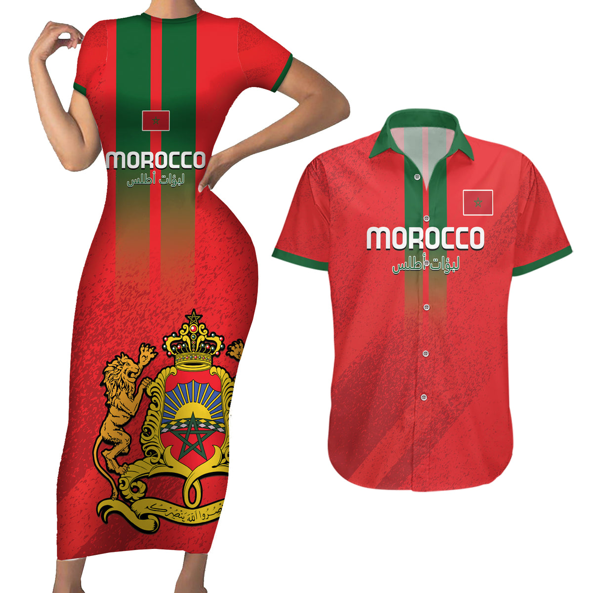 Custom Morocco Football Couples Matching Short Sleeve Bodycon Dress and Hawaiian Shirt Go Lionesses of Atlas - Wonder Print Shop