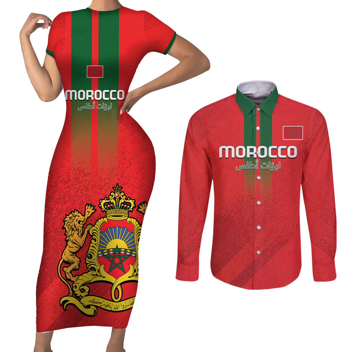 Custom Morocco Football Couples Matching Short Sleeve Bodycon Dress and Long Sleeve Button Shirt Go Lionesses of Atlas - Wonder Print Shop