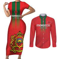 Custom Morocco Football Couples Matching Short Sleeve Bodycon Dress and Long Sleeve Button Shirt Go Lionesses of Atlas - Wonder Print Shop