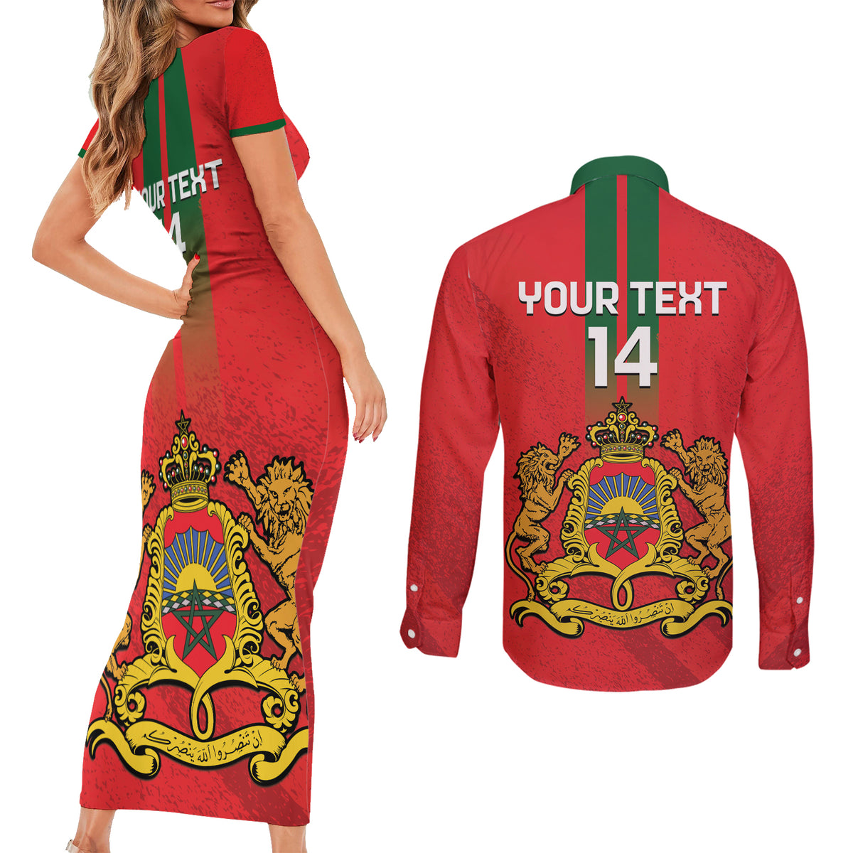 Custom Morocco Football Couples Matching Short Sleeve Bodycon Dress and Long Sleeve Button Shirt Go Lionesses of Atlas - Wonder Print Shop