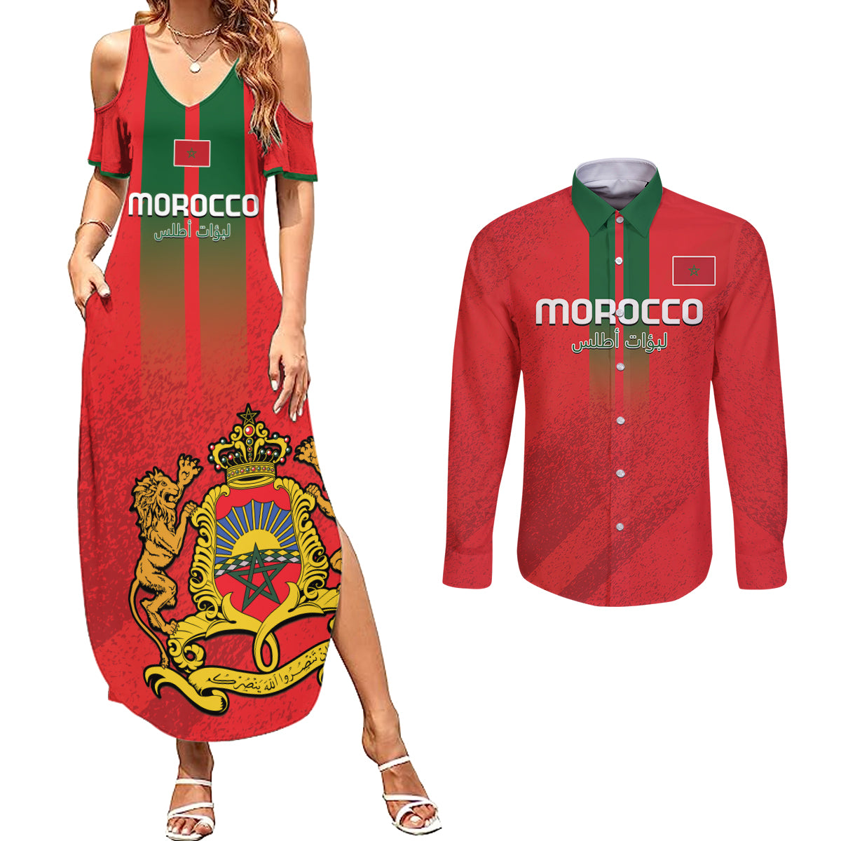 Custom Morocco Football Couples Matching Summer Maxi Dress and Long Sleeve Button Shirt Go Lionesses of Atlas - Wonder Print Shop