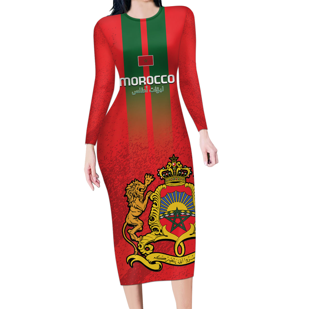 Custom Morocco Football Family Matching Long Sleeve Bodycon Dress and Hawaiian Shirt Go Lionesses of Atlas - Wonder Print Shop
