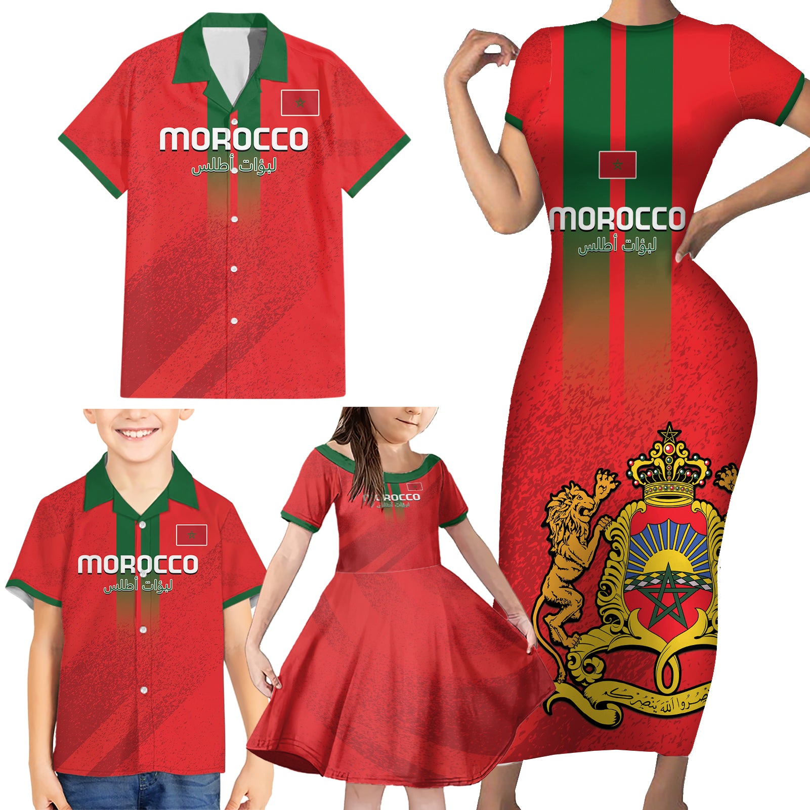 Custom Morocco Football Family Matching Short Sleeve Bodycon Dress and Hawaiian Shirt Go Lionesses of Atlas - Wonder Print Shop